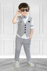 White Shirt With Grey Bow And Waist Coat Set For Boys