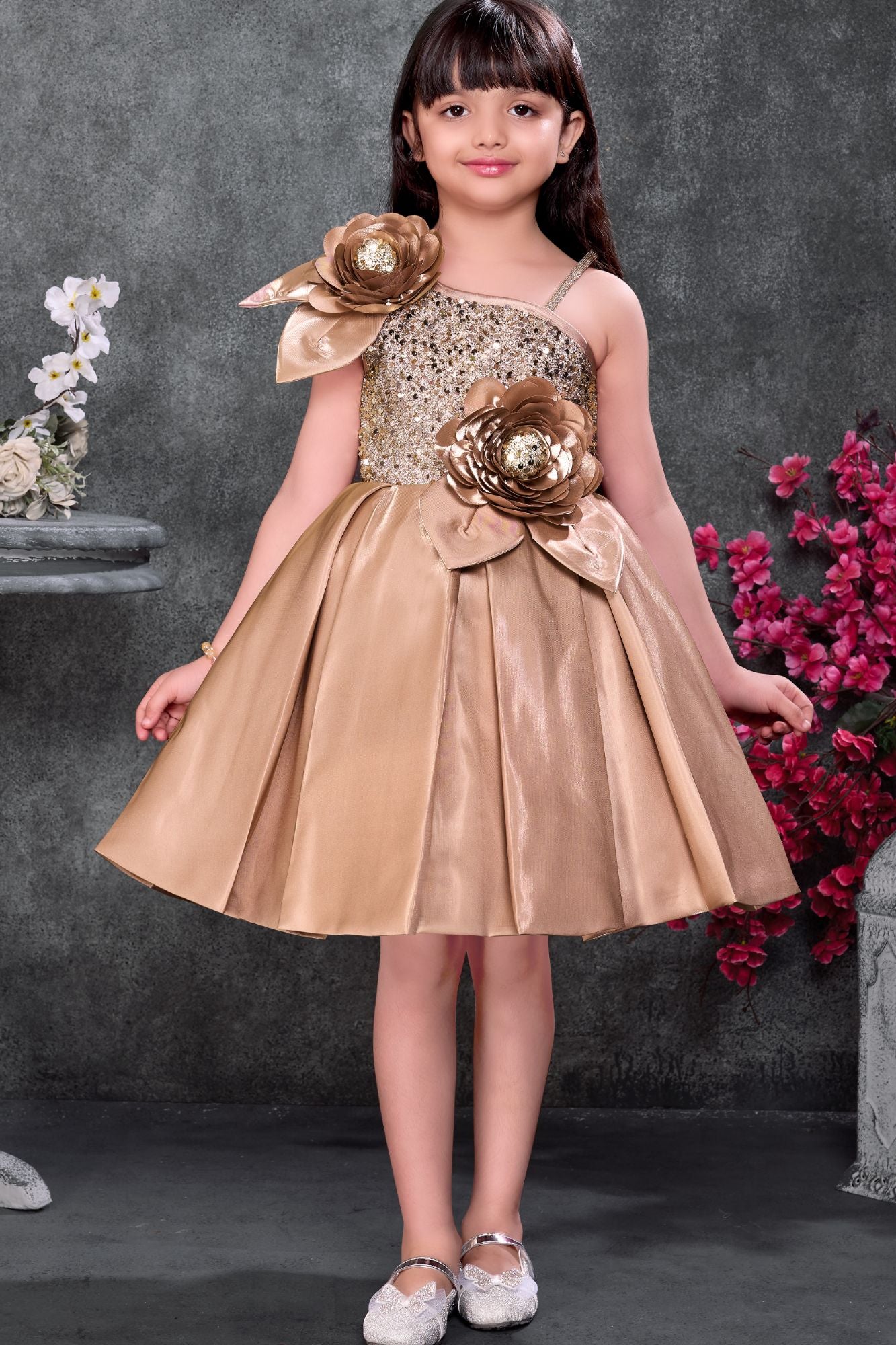 Gold Party Wear Frock With Sequin Bodice And 3D Floral Appliqué For Girls