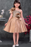 Gold Party Wear Frock With Sequin Bodice And 3D Floral Appliqué For Girls