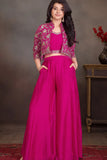 Rani Pink Embroidered Palazzo Set with Crop Top & Jacket For Girls