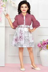 White Printed Frock With Onion Pink Ruffle Sleeves Overcoat For Girls