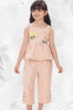 Peach Floral Co-ord Set with Peplum Top And Cropped Pants For Girls