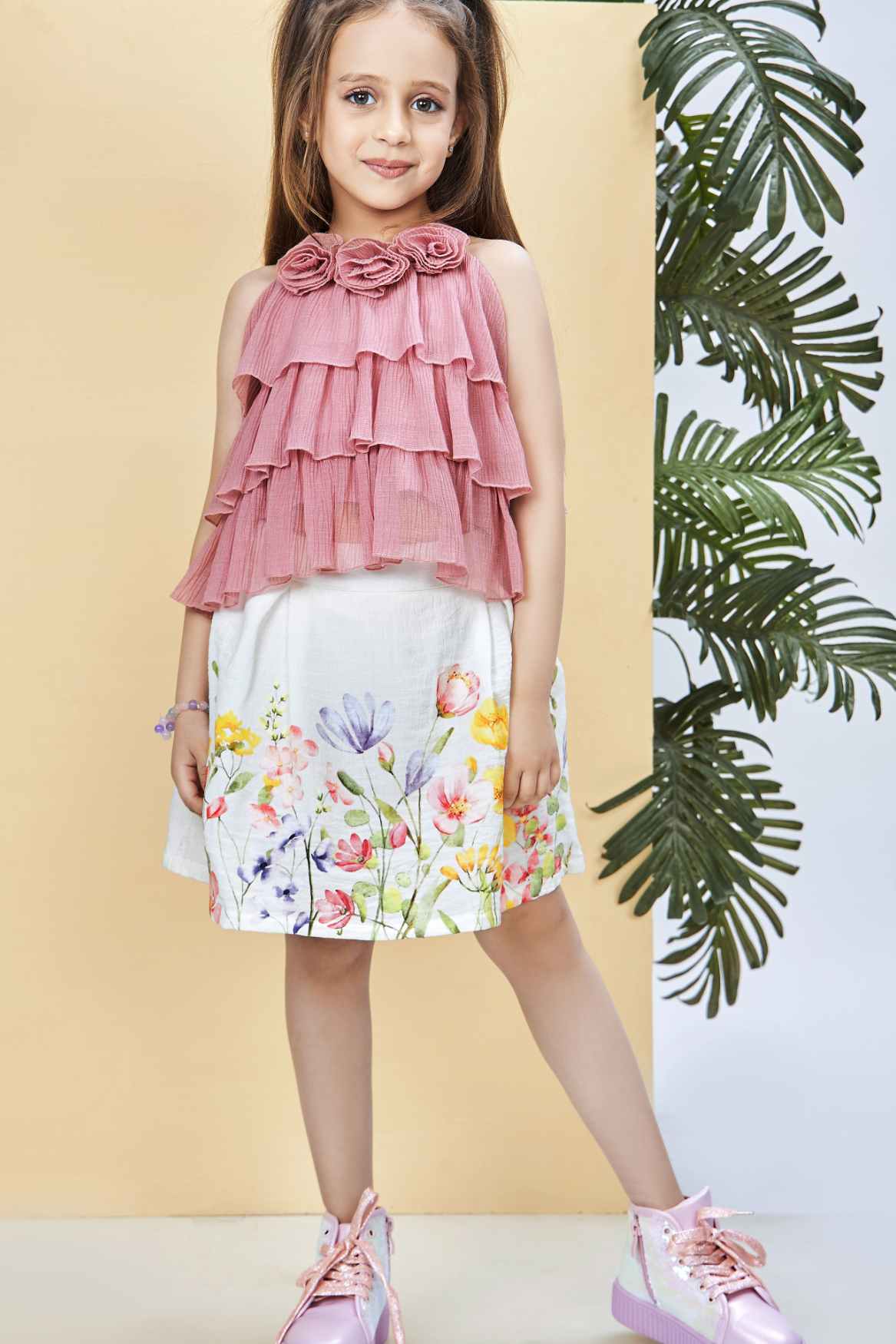 Pink Floral Print Skirt Set with Tiered Green Top Set For Girls