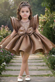 Coffee Brown Statement Bow Party Wear Frock for Girls