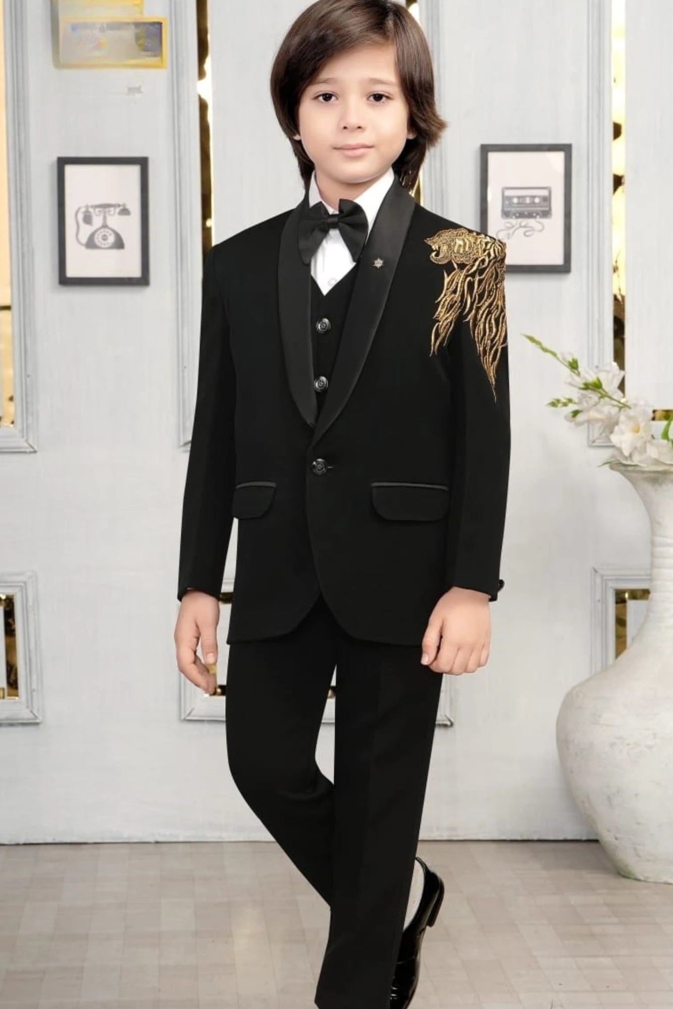 Designer Black Suit with Gold Thread Embroidery And Satin Lapel For Boys