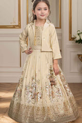 Beige Golden Sequin Embroidery With Overcoat Lehenga Choli For Girls