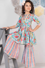 Blue Printed And Embroidered Sharara Set For Girls