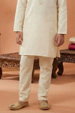 Cream Embroidered Linen Kurta Set For Boys