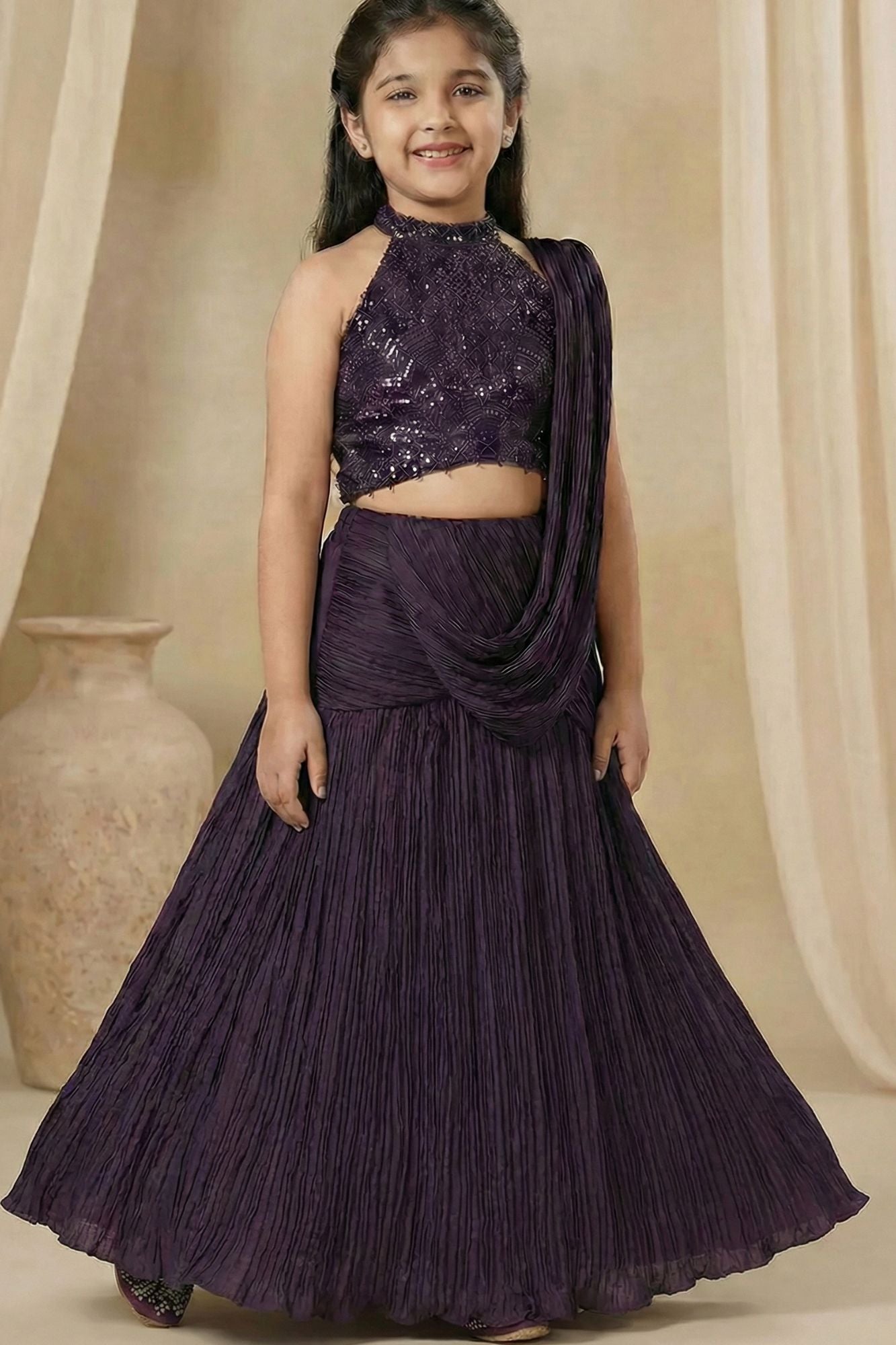 Plum Purple Sequinned Lehenga Choli Set With Dupatta For Girls