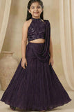 Plum Purple Sequinned Lehenga Choli Set With Dupatta For Girls