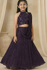 Plum Purple Sequinned Lehenga Choli Set With Dupatta For Girls