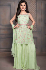 Pastel Green Embroidery With Mirror Work Palazzo Set For Girls