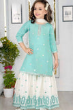 Firozi And White Mirror Embroidery Sharara Set For Girls