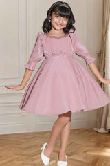 Onion Pink Sequin Frock With Puffed Sleeves For Girls