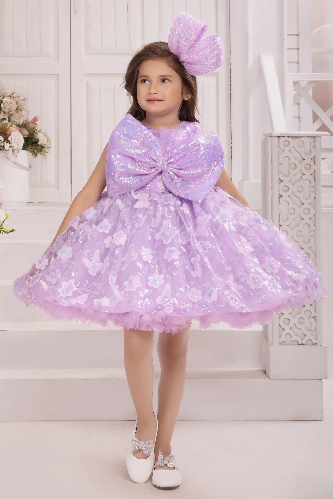 Lavender Sequin Bow Party Wear Frock With 3D Floral Embellishments For Girls