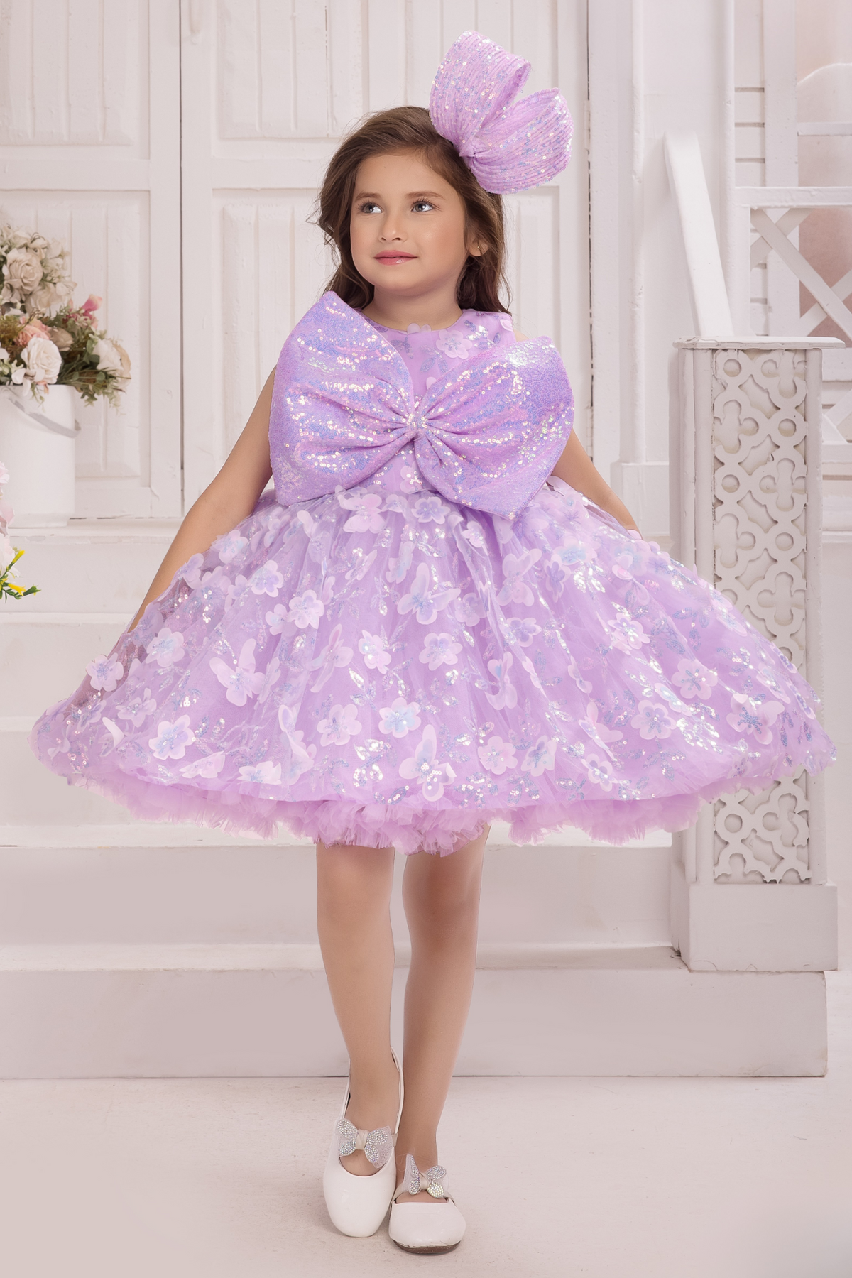 Lavender Sequin Bow Party Wear Frock With 3D Floral Embellishments For Girls