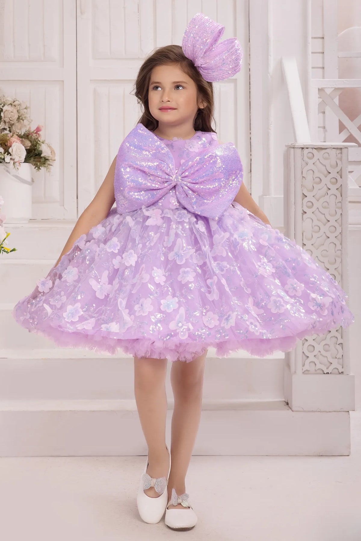 Lavender Sequin Bow Party Wear Frock With 3D Floral Embellishments For Girls