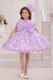 Lavender Sequin Bow Party Wear Frock With 3D Floral Embellishments For Girls
