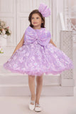 Lavender Sequin Bow Party Wear Frock With 3D Floral Embellishments For Girls