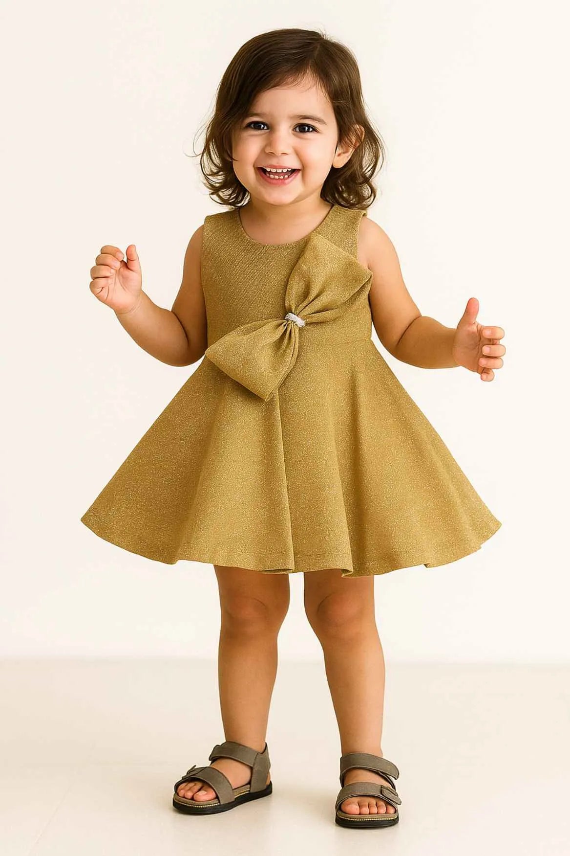 Gold Shimmer Party Dress With Oversized Bow For Girls