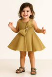 Gold Shimmer Party Dress With Oversized Bow For Girls