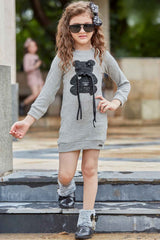 Grey Woollen Dress With Patch Work For Girls