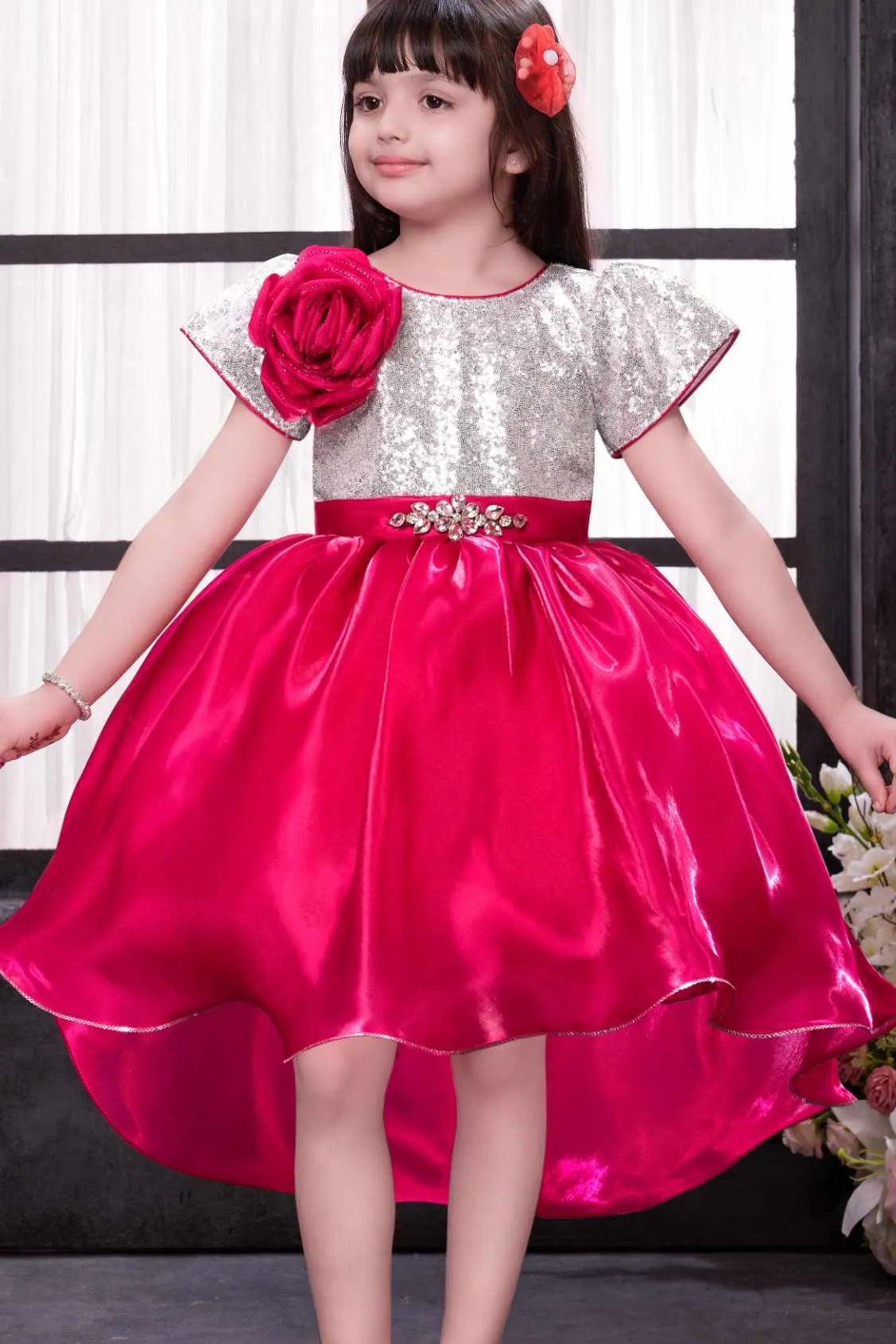 Rani Pink Party Frock with Silver Sequin Bodice For Girls