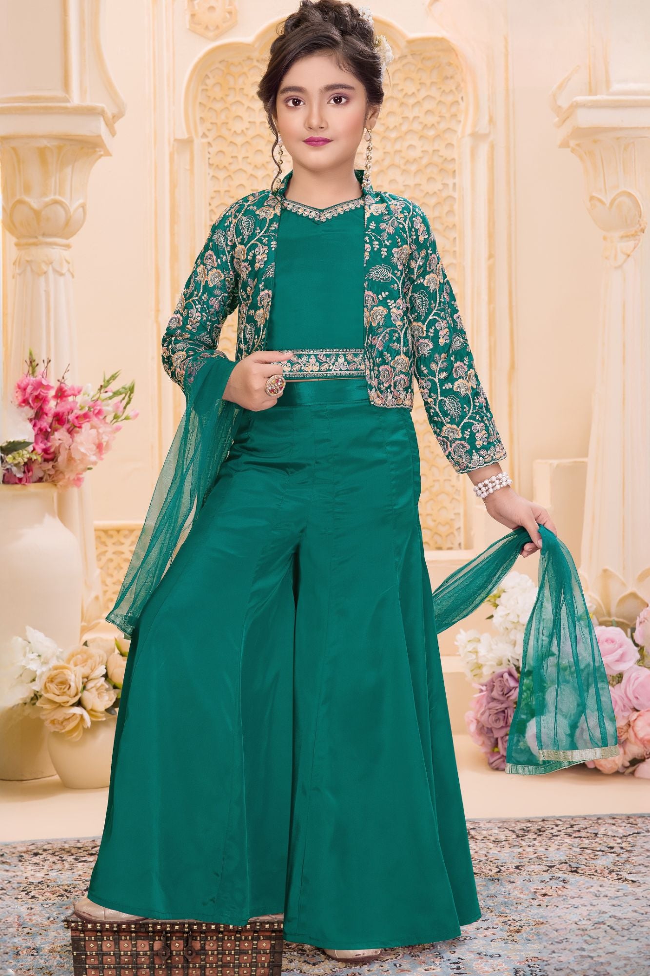 Teal Green Embroidered 3-Piece Palazzo Set for Girls