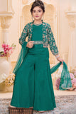 Teal Green Embroidered 3-Piece Palazzo Set for Girls
