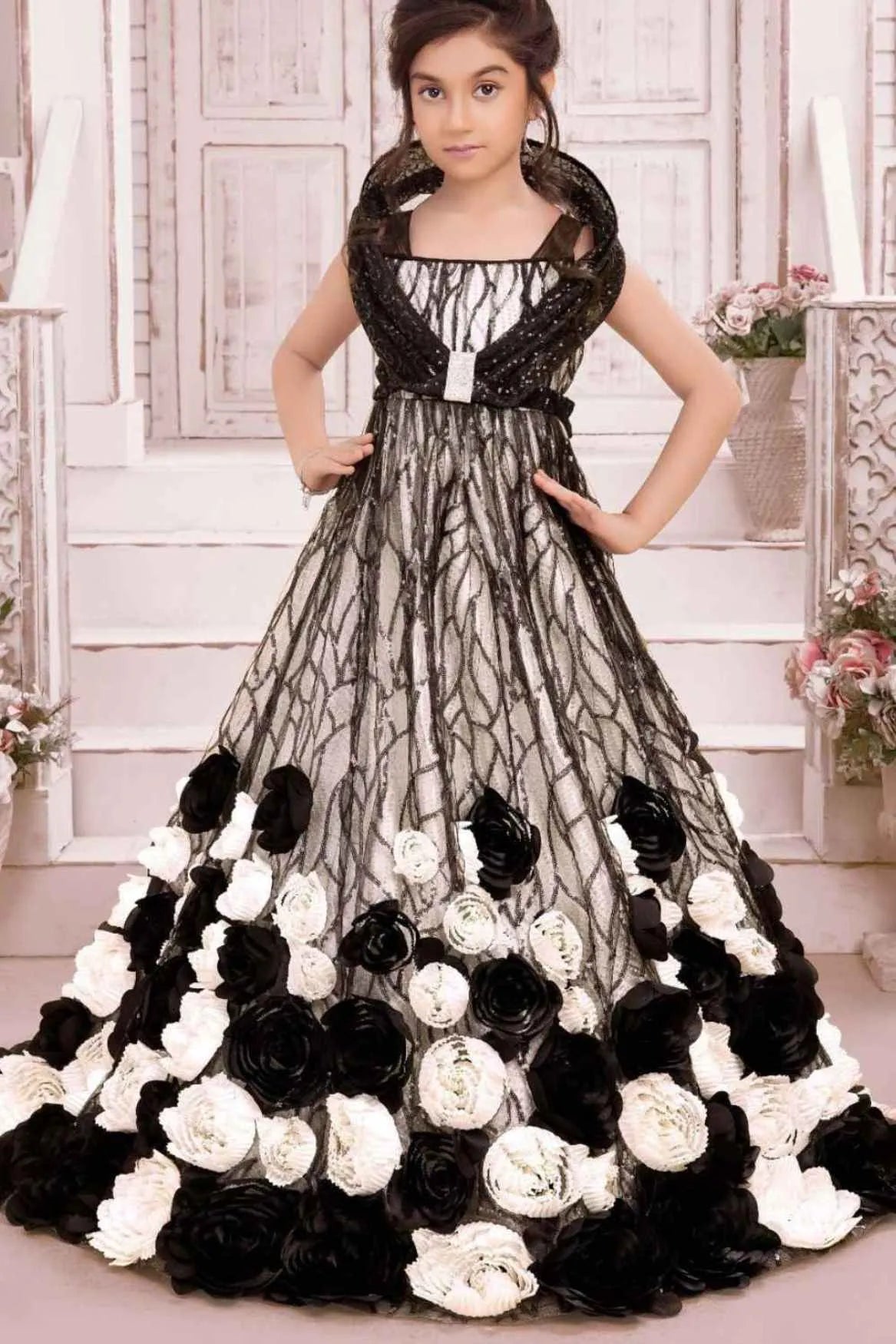 Black & Ivory Floral Appliqué Party Wear Gown with Sequin Detailing For Girls