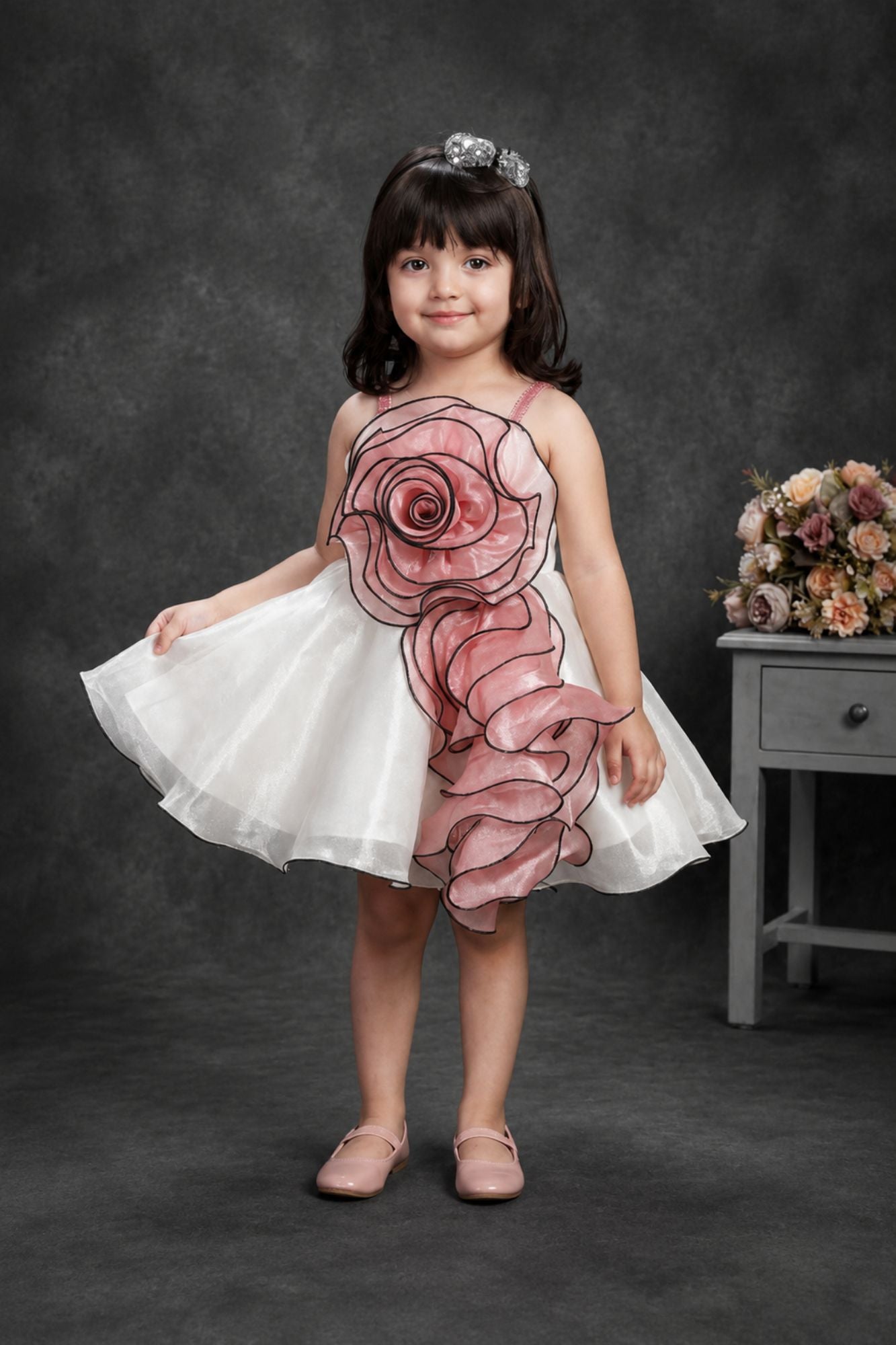 White With Blush Pink 3D Floral Party Wear Frock