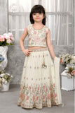 Cream Floral Embroidered Lehenga Choli Set For Girls