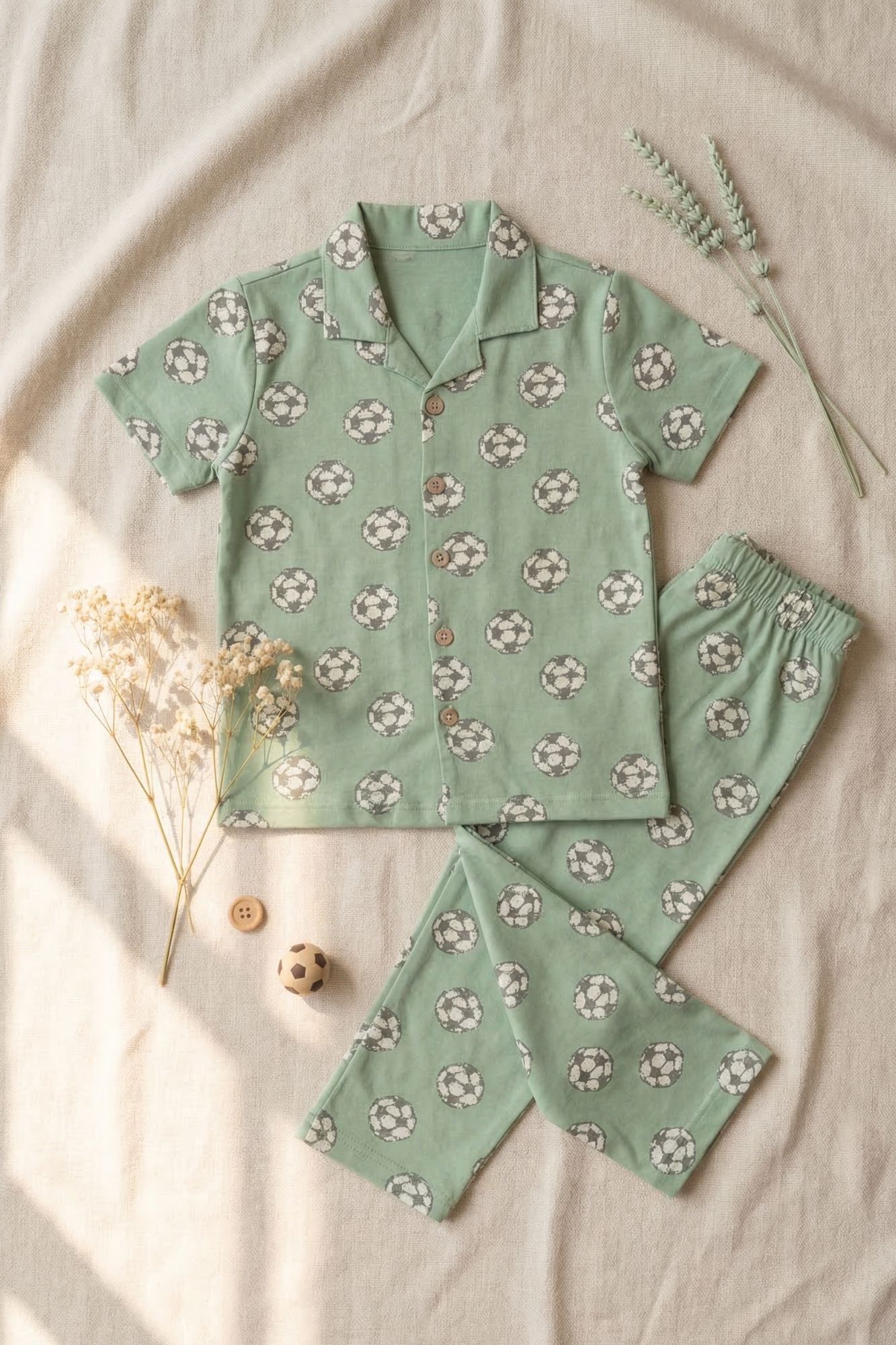 Green Football Print Cotton Night Suit Set For Boys