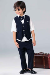 Navy Blue Waistcoat With White Shirt And Navy Blue Textured Pant Set For Boys