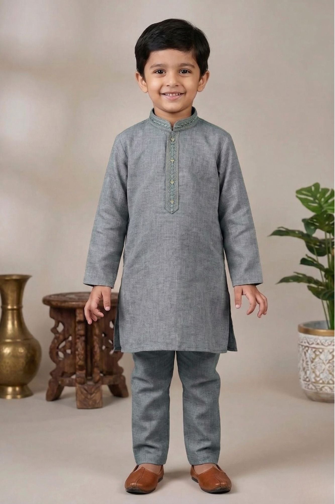 Grey Embroidered Linen Kurta Set For Boys