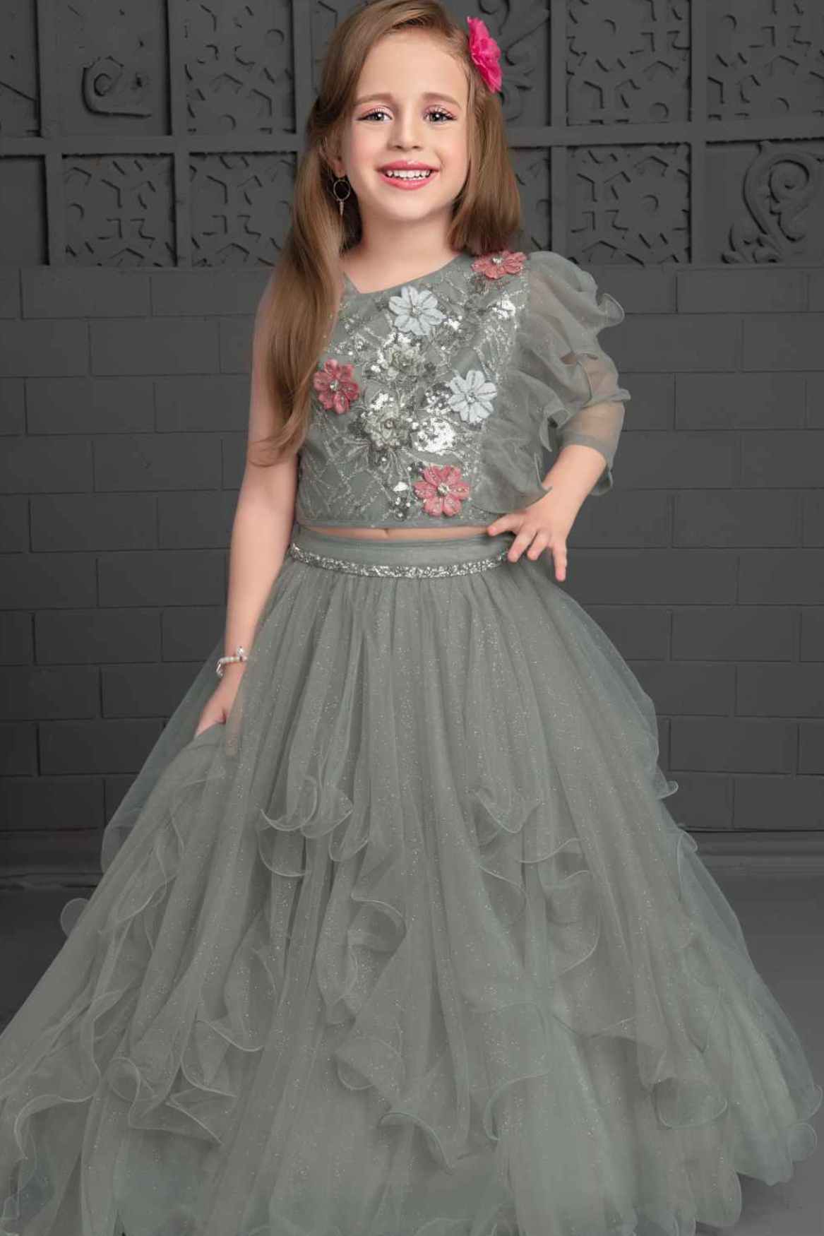 Grey Sequin Ghagra-Choli Set With Asymmetric Ruffled Sleeves For Girls