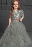 Grey Sequin Ghagra-Choli Set With Asymmetric Ruffled Sleeves For Girls