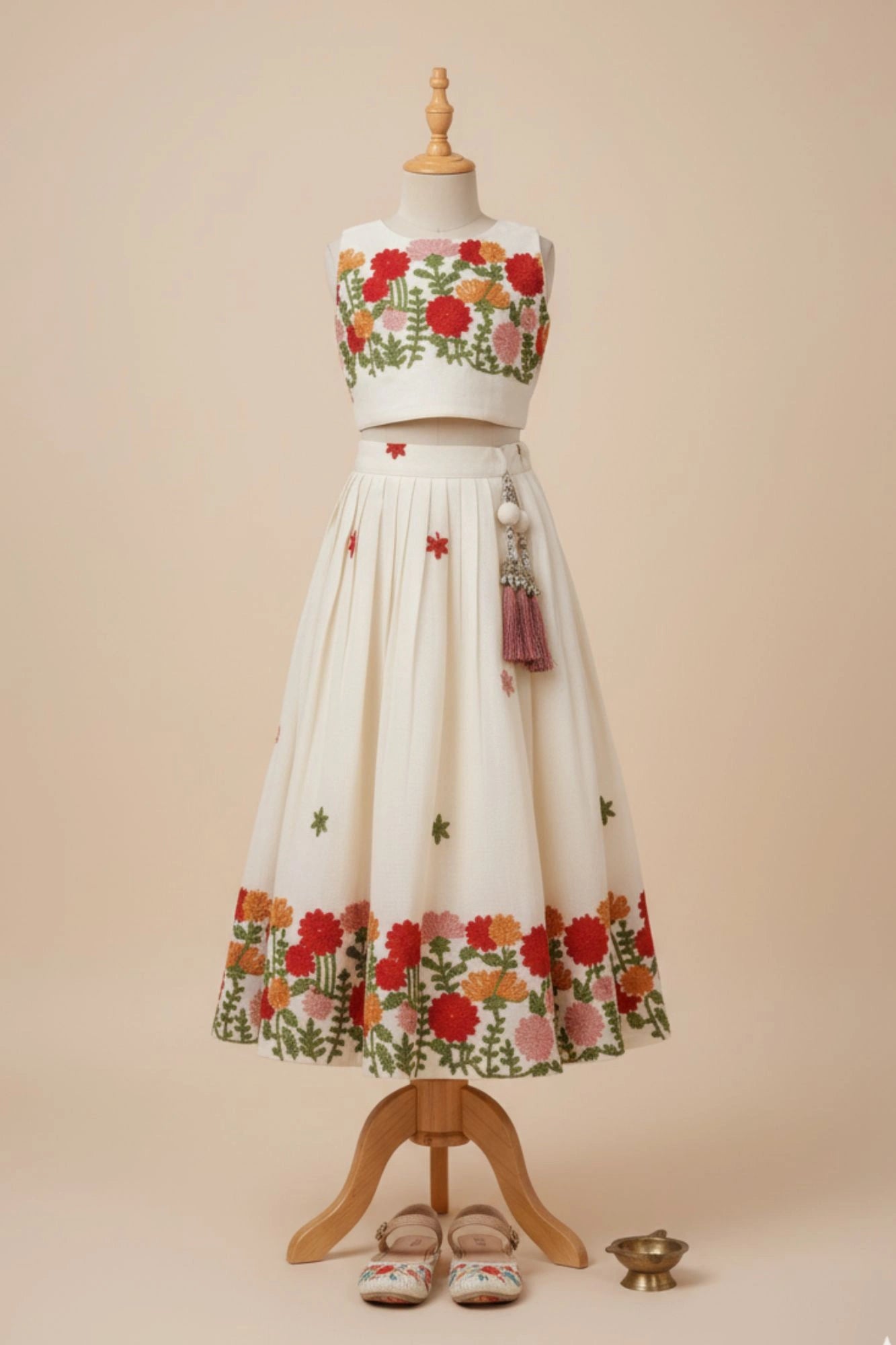 Cream Floral Embroidered Lehenga Choli for Girls