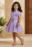 Girls Purple Embroidered Fit And Flare Casual Dress with Waist Tie Belt