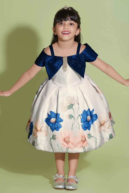 Blue Floral Printed And Bow Embellished Party Wear Frock For Girls