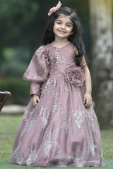 Onion Pink Floral Embellished And Sequins Embroidered Gown For Girls