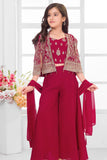 Rani Pink Embroidered Crop Top with Jacket and Palazzo Set For Girls