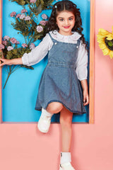 Denim Blue Casual Set With Peter Pan Collar For Girls