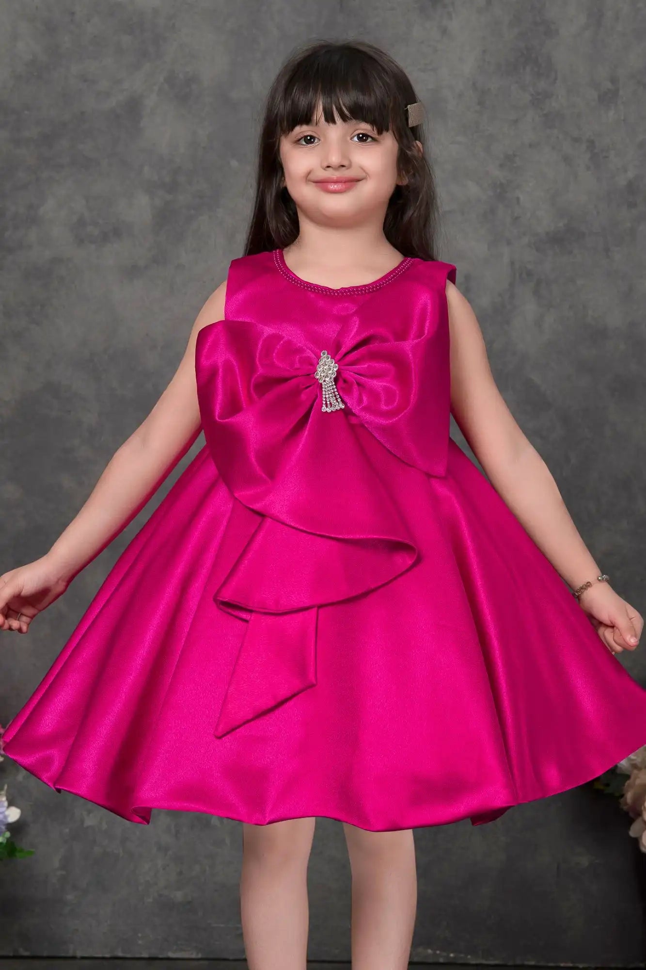 Pink Party Dress with Oversized Bow And Stone Brooch For Girls