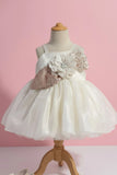 Cream Shimmer Party Frock with Sequin Floral Bow for Girls