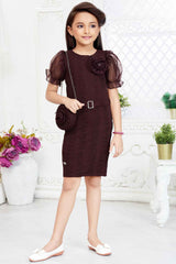 Wine Dress With Floral Embellished And Sling Bag For Girls