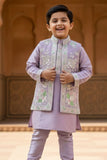 Lavender Embroidered Festive Kurta Pyjama Set with Jacket For Boys