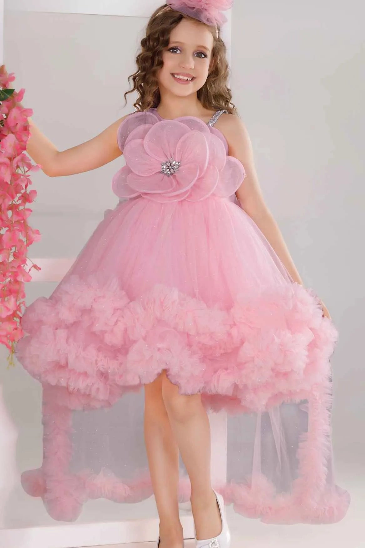 Pink High-Low Party Frock With 3D Floral Appliqué For Girls