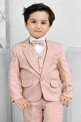 Classic Peach Four Pc Suite With White Shirt And Bow Coat Set For Boys