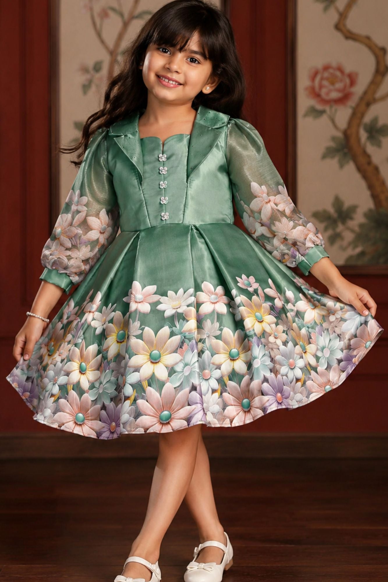 Olive Green Floral Printed And Floral Embellishment Frock For Girls